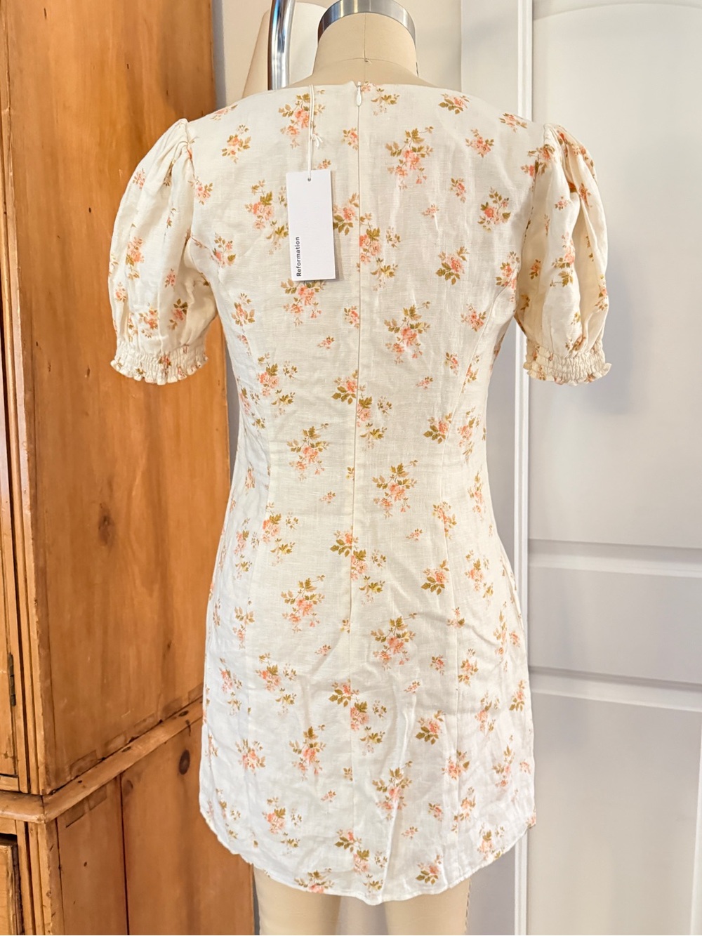 Reformation Gina Cream Floral Square-Neck Puff Sleeve Linen Mini Dress BWT - Picture 2 of 16